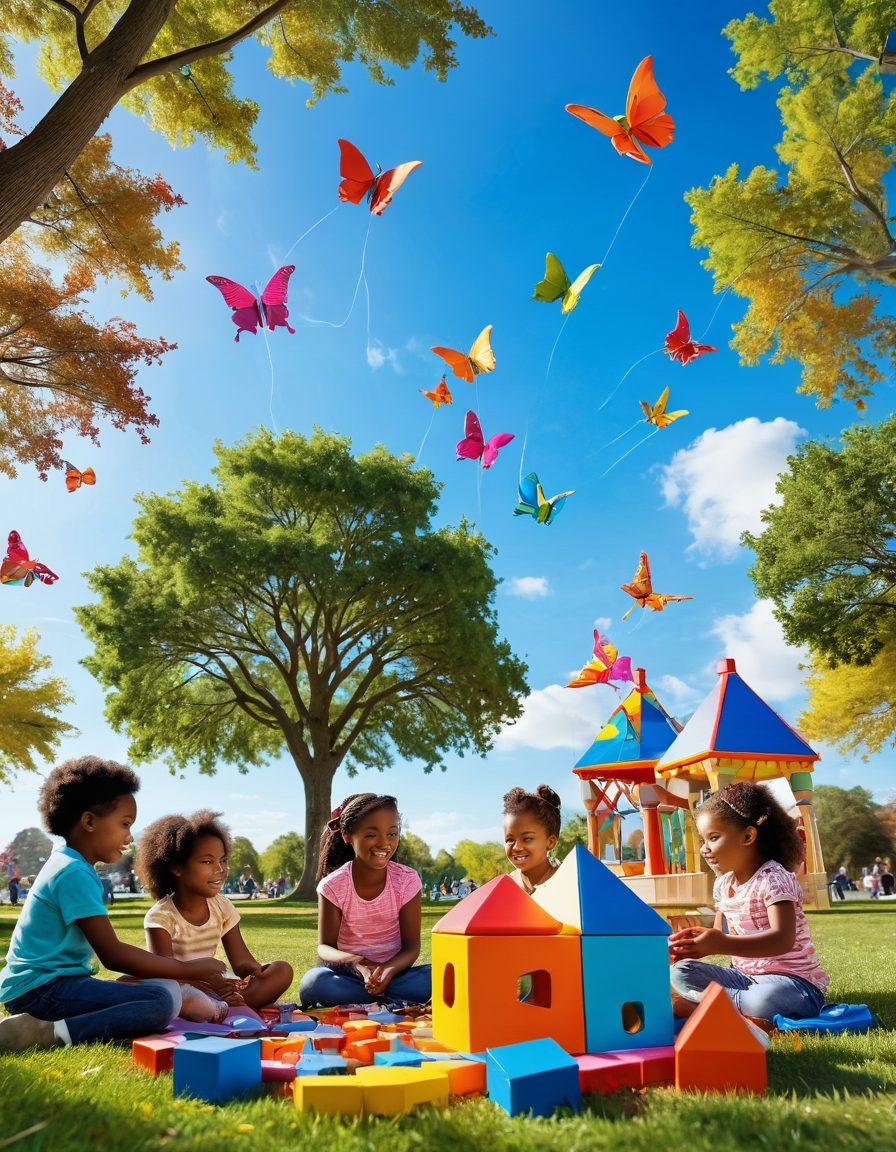 A whimsical scene featuring a diverse group of children joyfully playing with an array of unique, educational toys in a vibrant park setting. Include colorful building blocks, an art station, and interactive puzzles under a bright blue sky. Emphasize their expressions of joy and imagination, showcasing the creativity that these toys inspire. Incorporate playful elements like flying kites and butterflies around them to enhance the cheerful atmosphere. super-realistic. vibrant colors. white background.