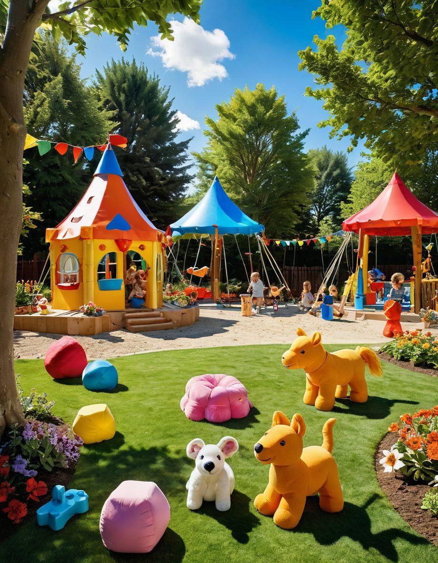 A vibrant playground filled with colorful toys, featuring children laughing and playing with plush animals, building blocks, and outdoor games like frisbees and kites. The background showcases a sunlit garden with flowers and trees, creating a joyful atmosphere. Include elements of imagination, like giant toy castles and whimsical cloud shapes. super-realistic. vibrant colors. sunny atmosphere.