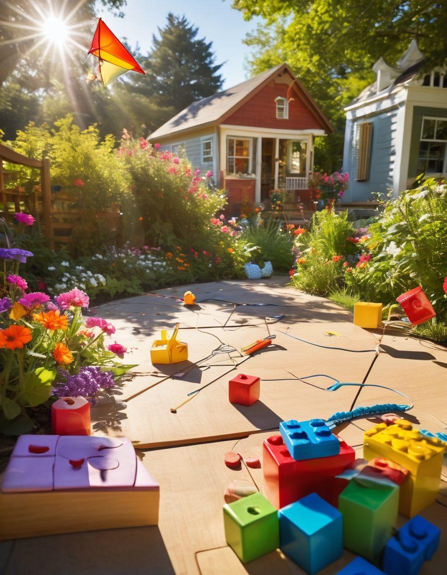A vibrant playground scene filled with colorful toys like building blocks, kites, and jump ropes, juxtaposed with indoor fun elements like board games and puzzles. Children of diverse backgrounds are joyfully interacting with both indoor and outdoor toys, surrounded by nature and bright flowers. Sunlight casts playful shadows, enhancing the joyfulness of the scene. cartoonish style. bright colors. whimsical.
